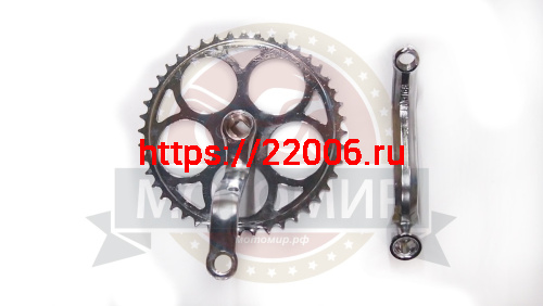 Шатуны Веломотор F50 "Газуля" (изогнутые, ручной стартер) лев.+ прав. со звездой 44 зуб. Шатуны Веломотор F50 "Газуля" (изогнутые, ручной стартер) лев.+ прав. со звездой 44 зуб.