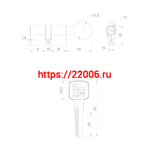 Цилиндровый Punto (Пунто) механизм Z3002Knob100(40+10+50) с вертушкой CP хром фото 3 Цилиндровый Punto (Пунто) механизм Z3002Knob100(40+10+50) с вертушкой CP хром фото 3